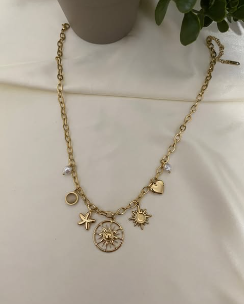 Çelik Sedefli Güneş Şans Mineli Charm Kolye