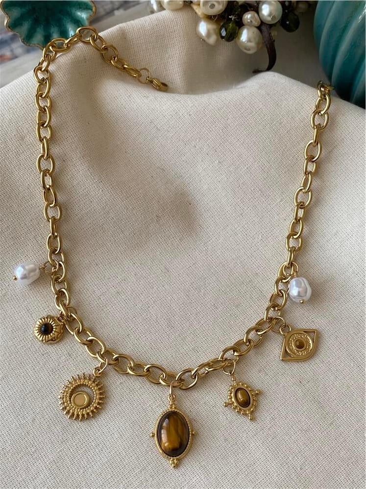 Çelik Vintage Brown Charms Kolye
