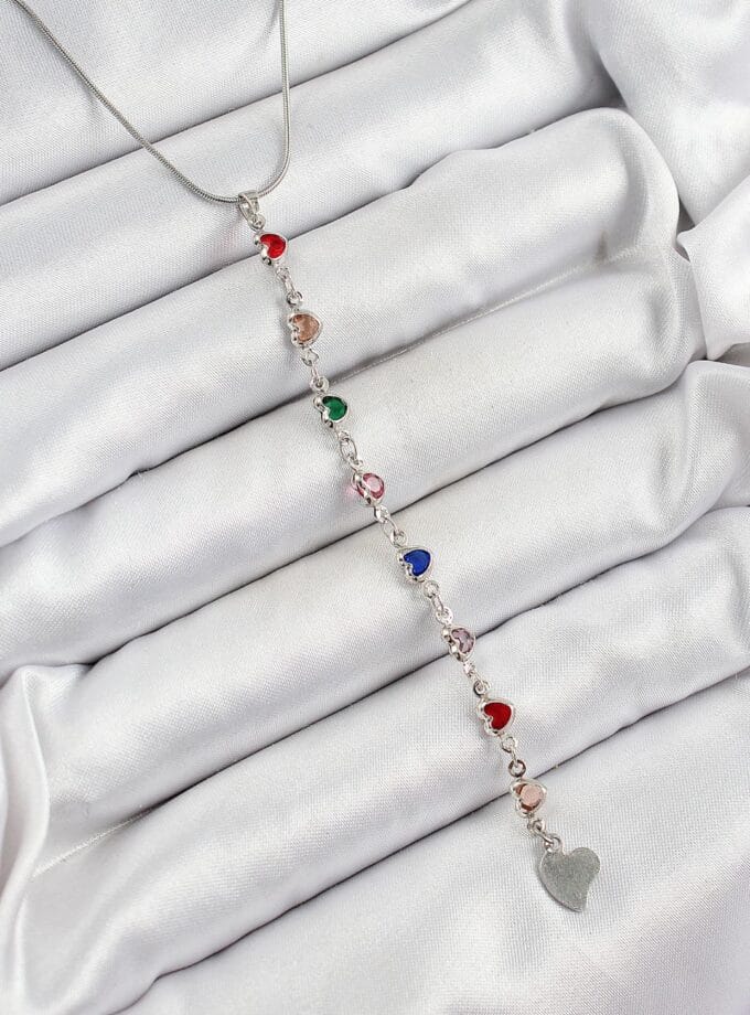 Renkli kalp zirkon taşlarla süslenmiş gümüş kaplama RainbowLove Y Kolye - Kadın takı modeli